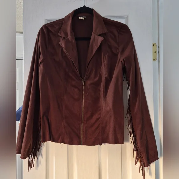 Vintage Vixen Brown Faux Suede Fringe Western Zip Jacket L Cowgirl Boho Fedtival - Picture 2 of 10